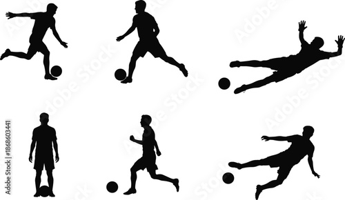 Soccer player silhouettes set with kicking running dribbling and goalkeeping actions isolated on white background, football sport illustration
