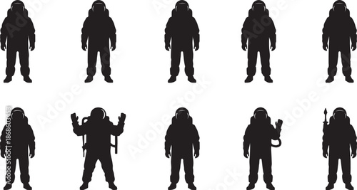 Black Silhouettes of Astronauts in Various Poses on White Background space cosmonaut