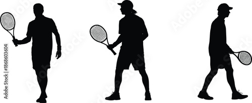 Tennis player silhouettes holding racket isolated on white background male athletes sport training match action illustration set