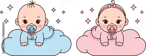 Cute baby boy and girl crawling on clouds with pacifier cartoon nursery vector illustration