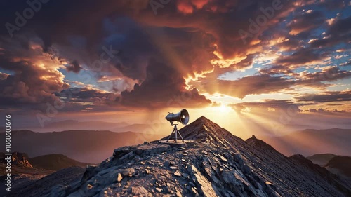 A solitary metallic megaphone positioned firmly on a desolate mountaintop under turbulent, dramatic clouds at sunset emphasizing a massive symbolic announcement silence, symbolism, solitude