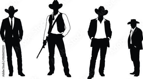 Western cowboy silhouettes collection with gun hat and suit isolated on white background, outlaw vintage western illustration concept
