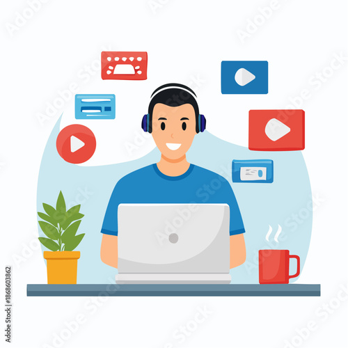 Digital content creator working remotely with laptop and media icons