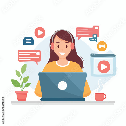 Happy woman working remotely and enjoying digital content