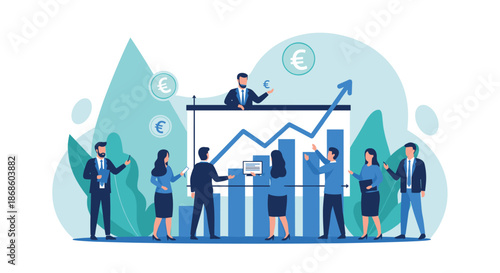 Business team celebrating financial success and investment growth, standing around a rising bar chart with euro currency symbols.