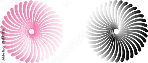 Abstract spiral designs in pink and black, viewed from directly above, showcasing a circular pattern on a white background