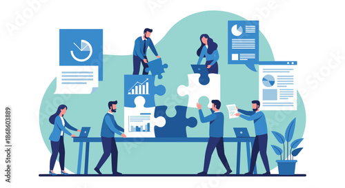 Business team working together to assemble a large jigsaw puzzle with data charts, symbolizing problem-solving and collaboration.