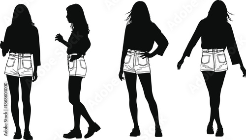Young woman fashion silhouettes walking posing from different angles isolated on white background, modern female lifestyle illustration set concept collection