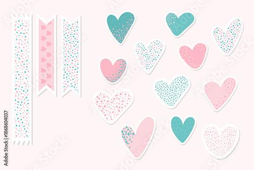 Cute pastel heart stickers set with dotted texture and decorative ribbons in soft pink and teal colors. Romantic hand drawn elements create gentle love mood for cards, planners and scrapbooking 