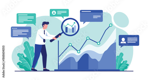 Businessman with a magnifying glass analyzing a rising line graph, representing data analysis and financial market research.