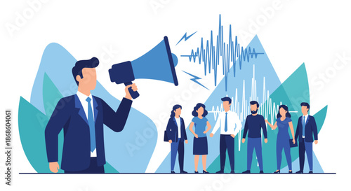 Business leader using a megaphone to communicate an important message to a team or audience, with sound waves graphic.