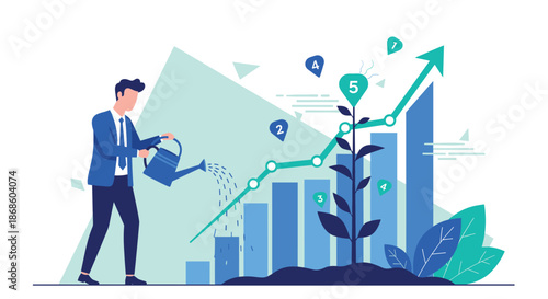 Businessman watering a growing plant on a rising bar chart, symbolizing investment, business growth, and nurturing success.