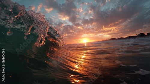 Majestic ocean wave at sunset with vibrant sky and sunlight reflection.