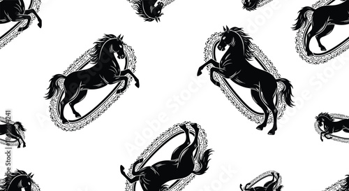 Dynamic seamless pattern of black rearing horse silhouettes inside tilted ornate oval frames for a classic, powerful design.