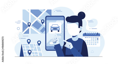 Woman using a smartphone application to book a car rental or ride-sharing service with maps and a calendar visible.
