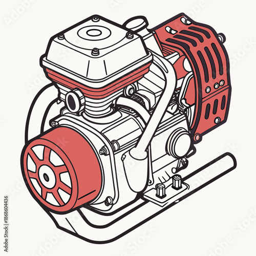 Illustrated engine with red accents