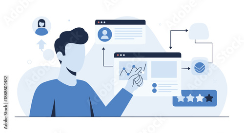 Man analyzing customer journey and user data on digital interfaces, focusing on improving user experience and satisfaction ratings.