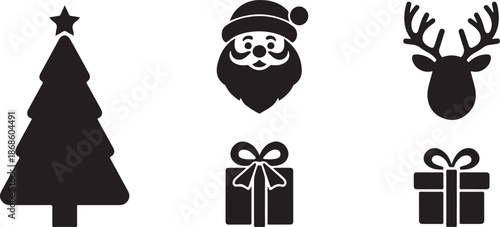 Collection of five black Christmas icons including a tree Santa Claus reindeer and two gift boxes on a white background