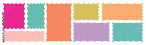  Post stamp frames and borders. Rectangle, square template for mail, postcard, letter, note. Vector zigzag. Color rectangle frames with wiggly borders. Zig zag wavy shape frames. 
