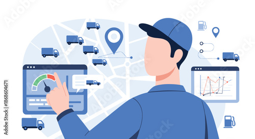 Fleet manager or dispatcher using a digital interface to track and manage a fleet of trucks with GPS and analytics.