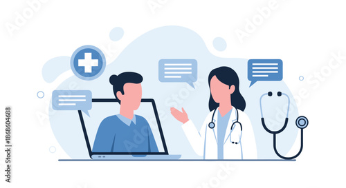 Female doctor providing an online medical consultation to a male patient via a laptop, representing telehealth and telemedicine.