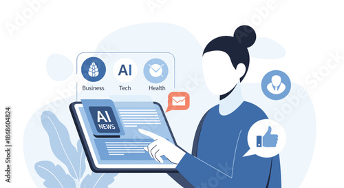 Woman reading AI-generated news on a tablet, with categories for business, tech, and health, and social media icons.