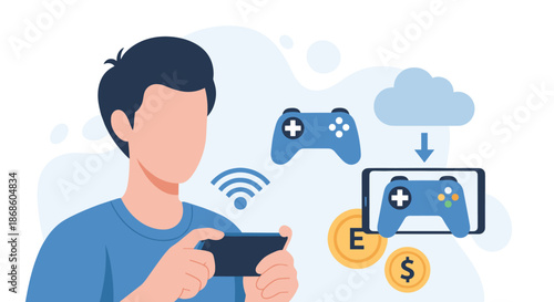Young man playing a game on his smartphone, with icons representing cloud gaming, Wi-Fi connection, and in-game currency.