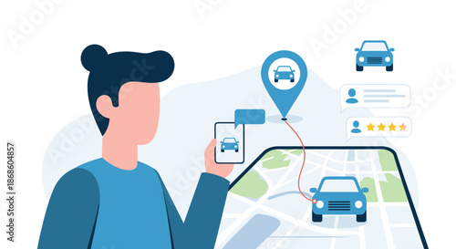 Man using a mobile phone to order a car with a ride-sharing app, showing the route, car location, and ratings.
