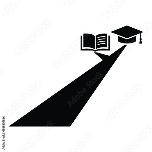 Black graduation cap and open book on upward pointing arrow graphic white mortarboard