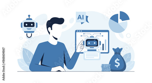 Man using artificial intelligence and chatbots for financial trading and investment analysis, with charts and money icons.