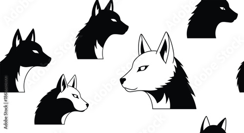 Seamless pattern of stylized wolf heads in profile, featuring both black and white versions in a modern graphic design.