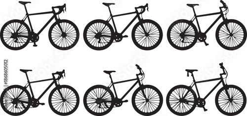 Eight black silhouettes of road bikes and mountain bikes on a white background bicycle