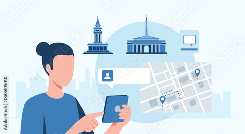 Woman using a tablet for a self-guided city tour, with a map and icons of famous landmarks and monuments.