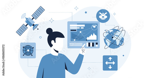 Woman interacting with geospatial data on a digital interface, with icons for satellite, globe, and cartography systems.