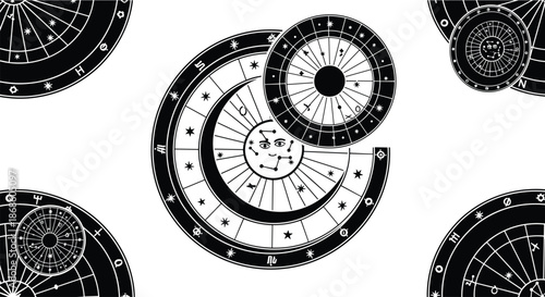 Seamless pattern of black and white vintage astronomical diagrams featuring zodiac signs, constellations, sun, and moon motifs.