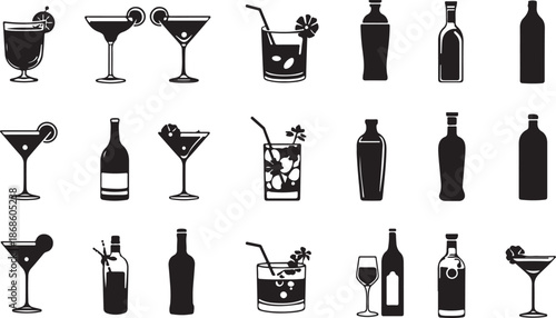 Grid of silhouette cocktail glasses and bottles with drinks and garnishes vector illustration
