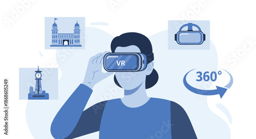Woman wearing a VR headset to experience a 360-degree virtual tour of famous world landmarks, symbolizing virtual travel.