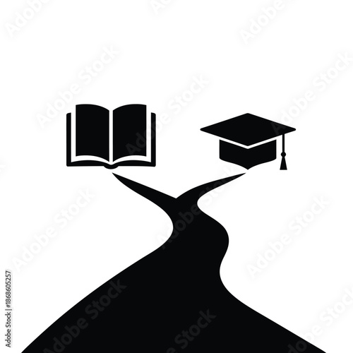 Black open book and graduation cap icons on a diverging path education