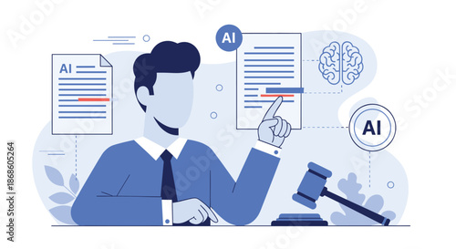 Man using artificial intelligence to analyze legal documents, with icons of a brain and a gavel representing AI in law.