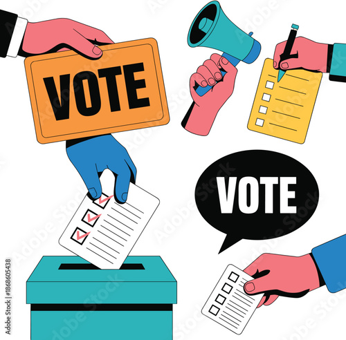 Hands Casting Votes and Megaphone for Election Campaign voting ballot