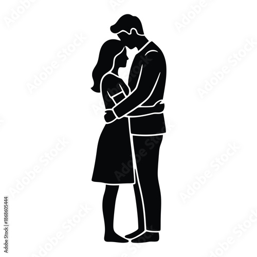 Black silhouette of a couple embracing with heads touching embrace white