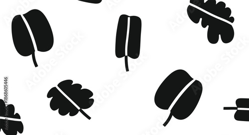 Minimalist seamless pattern featuring simple black silhouettes of various scattered autumn leaves on a clean white background.