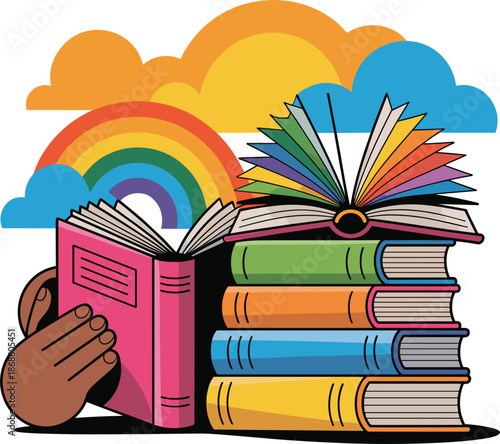 Hands Holding Open Book Stacked Books Rainbow Sky Clouds untitled