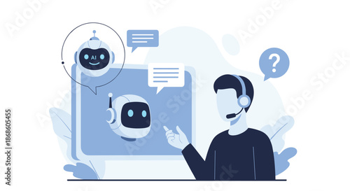 Customer support concept illustrating an agent with a headset working alongside AI chatbots to assist and answer questions.