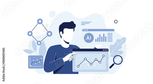 Data analysis concept showing a professional using AI-powered software to examine business intelligence charts and graphs.