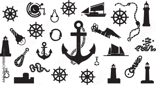 Nautical Themed Black Silhouettes Including Anchors Lighthouses and Ships on White maritime ocean