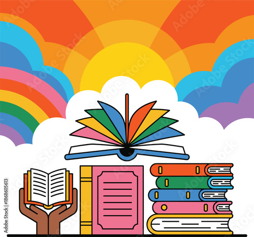 Open book and stacked books with rainbow and sun background reading education