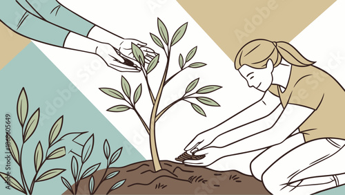 Two people planting trees, one kneeling and adding soil, the other supporting a sapling, in an illustration with a geometric background.
