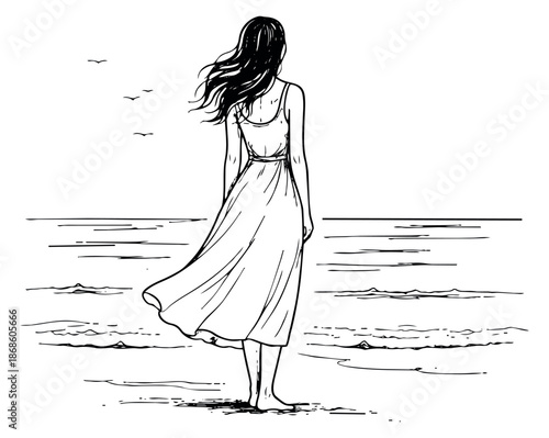 Hand drawn line art illustration of a woman depicting her looking out to sea on the beach for contemplation