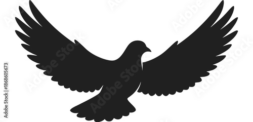 Black silhouette of a dove with outstretched wings in flight bird white